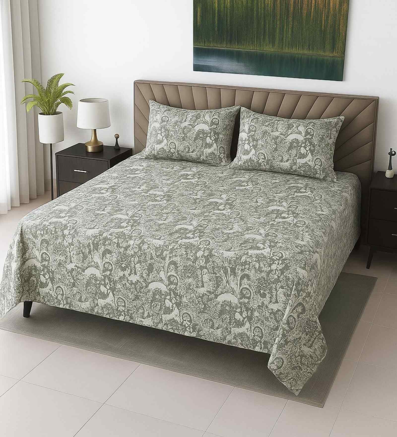 Offwhite Floral 400 TC Cotton Satin Super King Size Bedsheet with 2 Pilllow covers Essential Series Collection