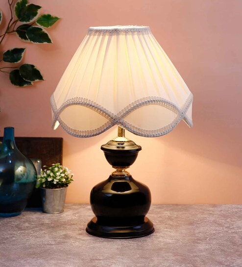 HARMONY Table Lamp in Satin Brass with Vintage White Fabric Shade