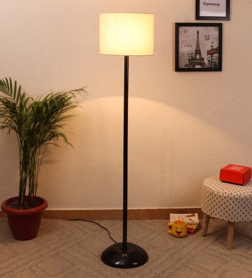 Off White & Beige Cotton and Polyvinyl Shade Floor Lamp with Black Base by Beverly Studio