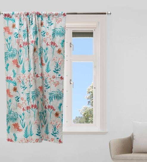 Off White Floral Cotton Blend 5 Ft Blackout Rod Pocket Window Curtain