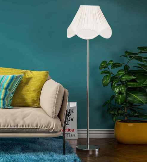 Off White Cotton Vintage Shade Floor Lamp Steel Base