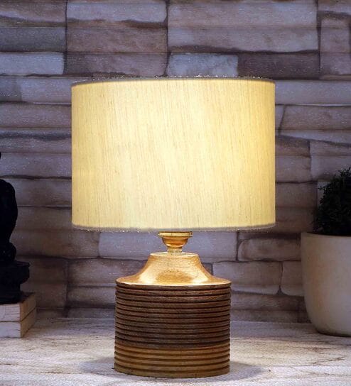 Off White  Shade Table Lamp With Wood Base By New Era