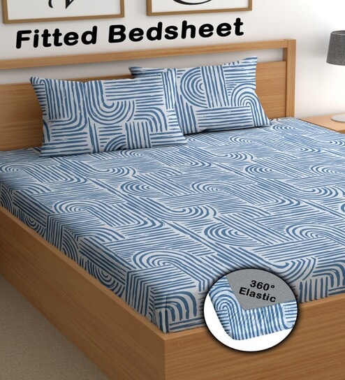 Off White 180 TC Abstract Cotton Fitted Double Bedsheet 2 Pillow covers