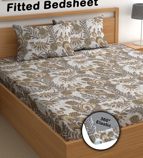 Off White 200 TC Floral Cotton Fitted Double Bedsheet 2 Pillow covers