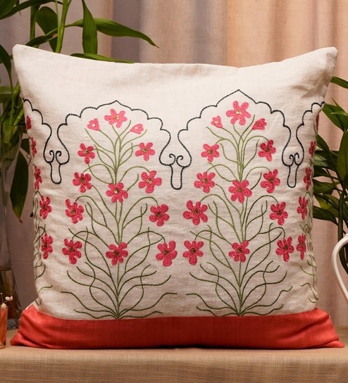 Off White Floral Blended Linen 20 x 20 Inches Cushion Cover by Zeba