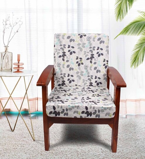 Off White Cotton Floral 20x20 Inches 1 Seater Sofa Chair Covers (Pack of 2)