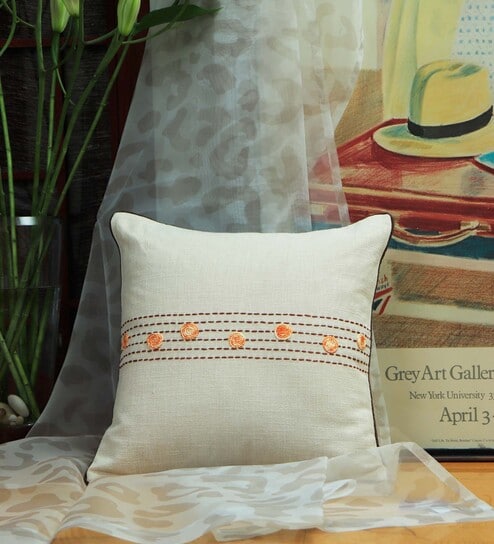 Off White Striped Cotton Blend 16 x 16 Inches Cushion Cover by Zeba