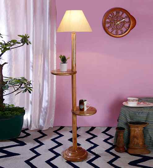 Off White Cotton Conical Wooden Floor Lamp