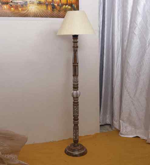 Off White Cotton Conical Wooden Floor Lamp
