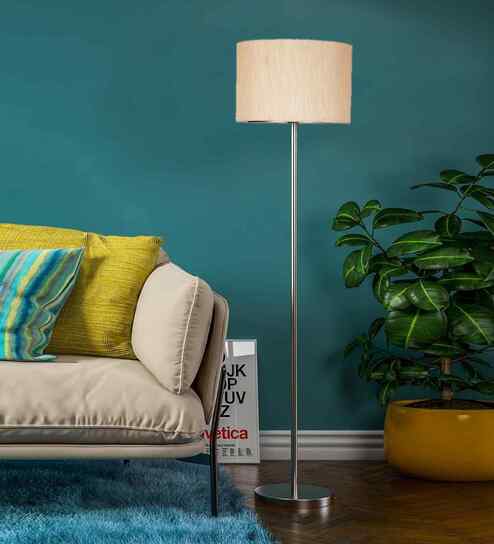 Off-White Cotton Drum Shade Steel Floor Lamp Steel Base