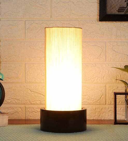 Off White Cotton Fabric Shade Table Lamp With Wood Base By New Era