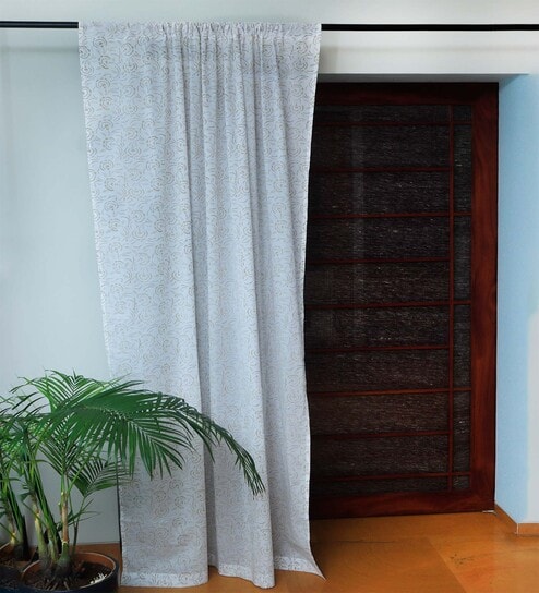 Off White Floral Cotton 8 Ft Sheer Rod Pocket Door Curtain