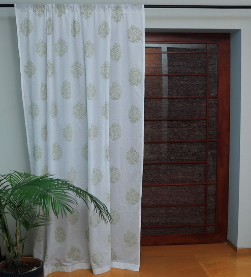 Off White Floral Cotton 8 Ft Sheer Rod Pocket Door Curtain