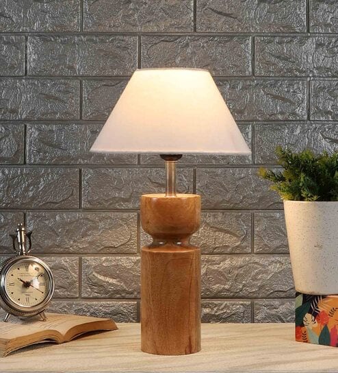 Nirvana Off White Cotton Shade Night Lamp With Wood Base