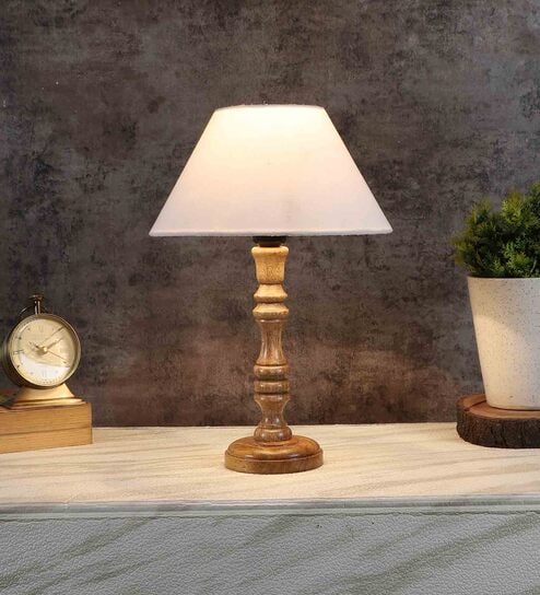 Trieste Off White Cotton Shade Night Lamp With Wood Base
