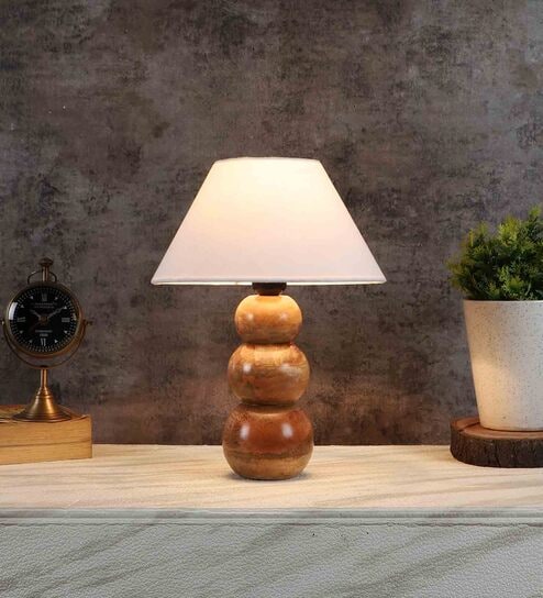 Estelle Off White Cotton Shade Night Lamp With Wood Base