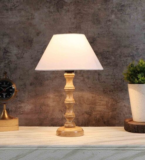 Syra Off White Cotton Shade Night Lamp With Wood Base