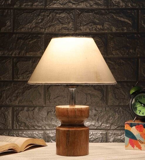 Imprisoned Off White Cotton Shade Night Lamp With Wood Base