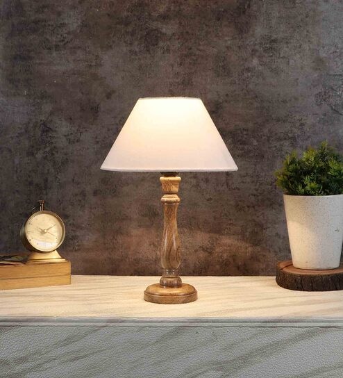 Naples Off White Cotton Shade Night Lamp With Wood Base