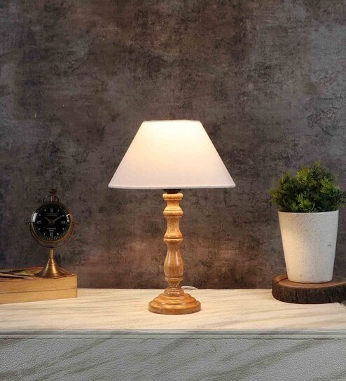 Pisa Off White Cotton Shade Night Lamp With Wood Base