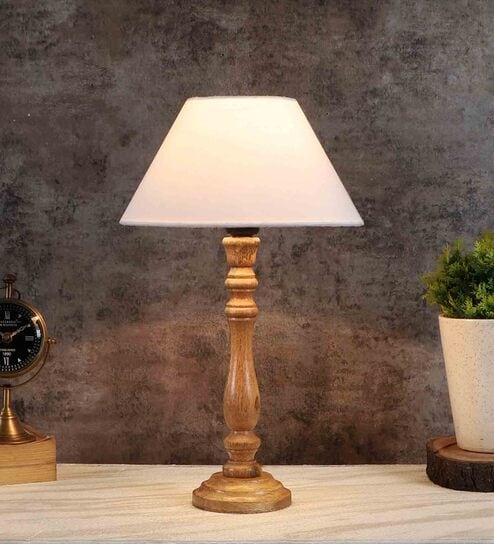 Messina Off White Cotton Shade Night Lamp With Wood Base