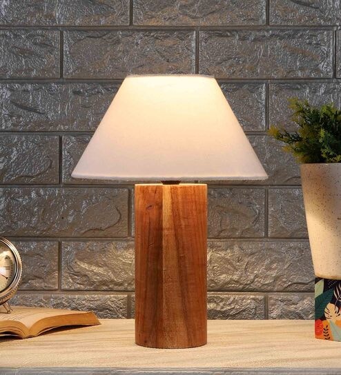 Babel Off White Cotton Shade Night Lamp With Wood Base