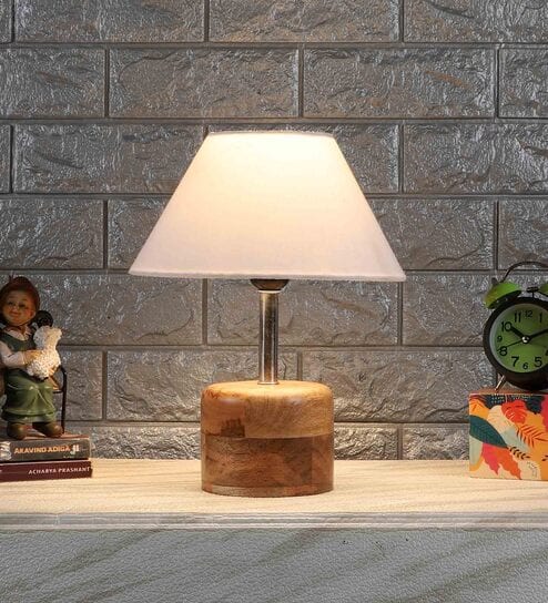 Admiration Off White Cotton Shade Night Lamp With Wood Base