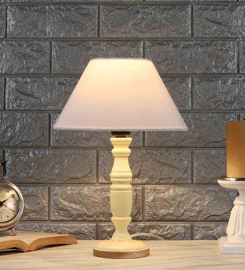 Matera Off White Cotton Shade Night Lamp With Wood Base