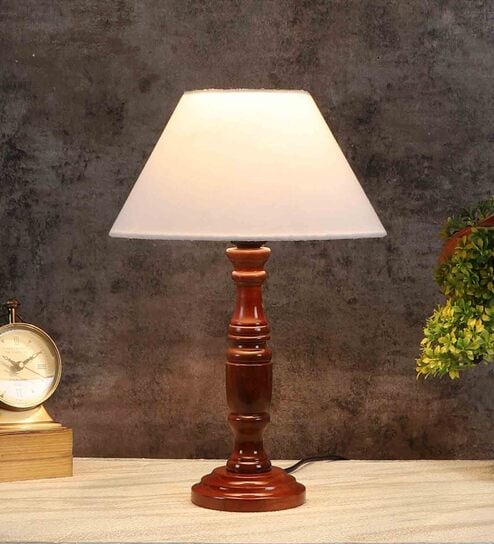 Verona Off White Cotton Shade Night Lamp With Wood Base