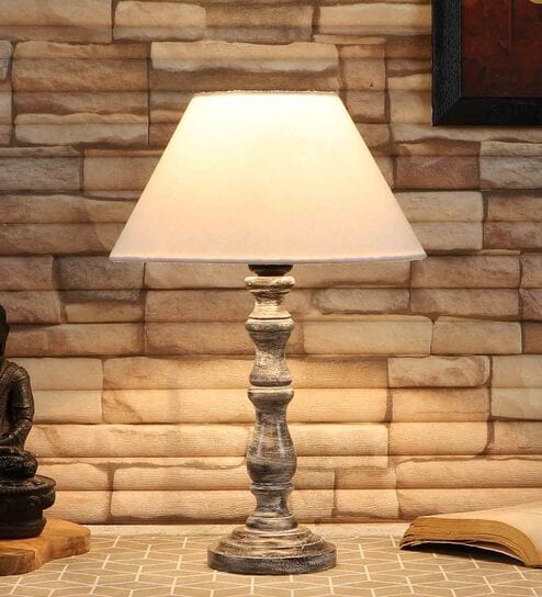 Lucca Off White Cotton Shade Night Lamp With Wood Base