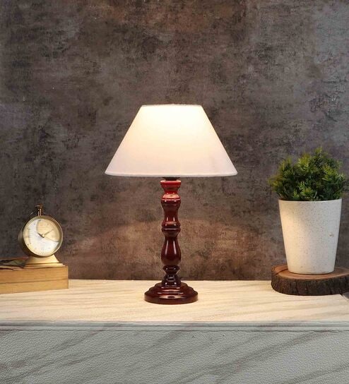 Premuim Off White Cotton Shade Night Lamp With Wood Base