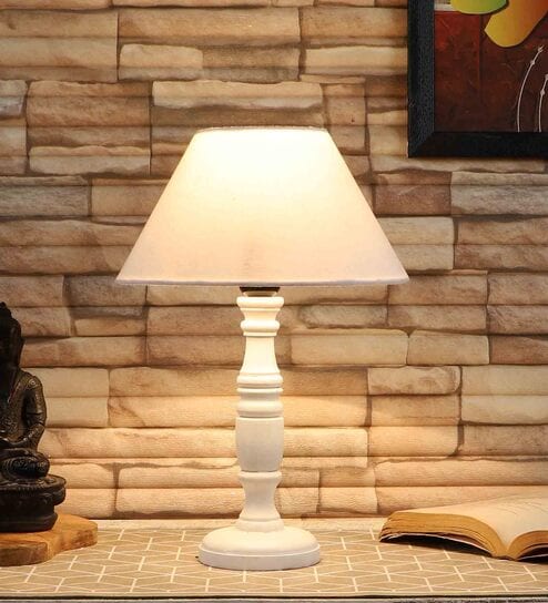 Taranto Off White Cotton Shade Night Lamp With Wood Base