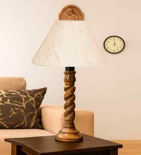 Off White Cotton Table Lamp With  Wood  Base 10X19 Inches-