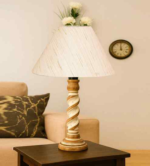 Off White Cotton Table Lamp With  Wood  Base 10X19 Inches-