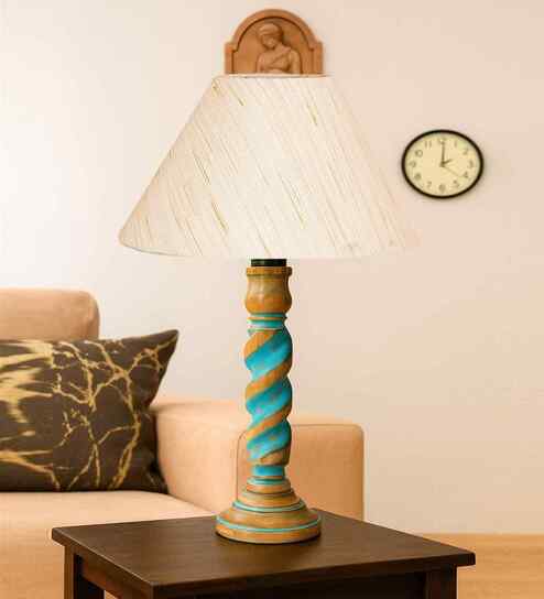 Off White Cotton Table Lamp With  Wood  Base 10X19 Inches-