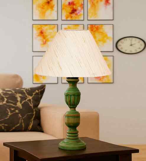 Off White Cotton Table Lamp With  Wood  Base 10X19 Inches