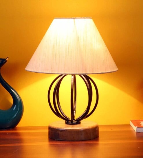 off-white cotton Table lamp with Wood & Iron Base