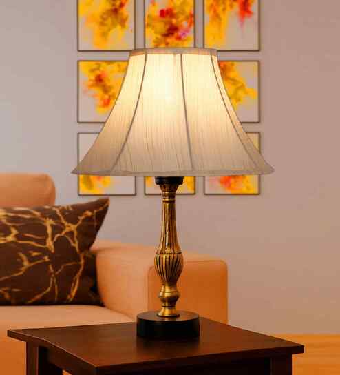 Vintage Metal & Wood Base Lamp With Off-White Cotton Fabric Shade