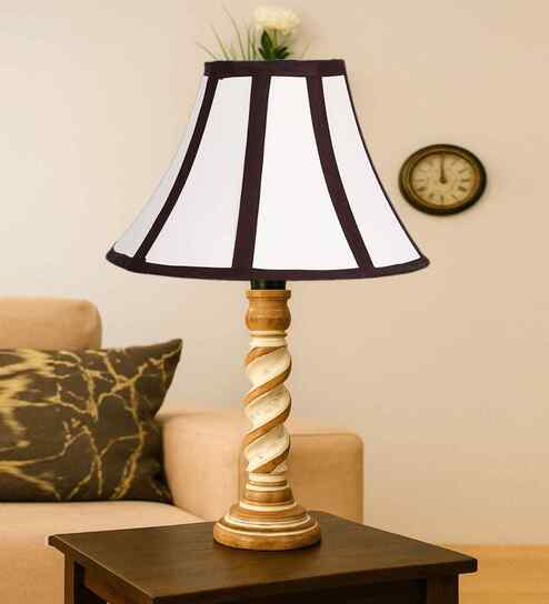 Off-White Cotton Vintage  Lamp With Wood Base 12X19.75