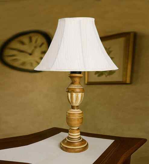 Off-White Cotton Vintage  Lamp With Wood Base 12X19.75