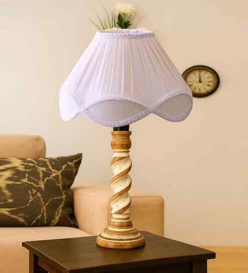 Off-White Cotton Vintage  Lamp With Wood Base 12X20.75
