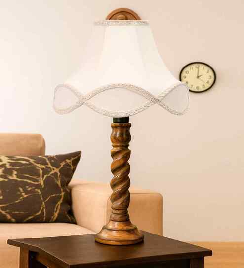 Off-White Cotton Vintage  Lamp With Wood Base 12X20.75