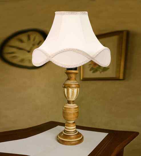 Off-White Cotton Vintage  Lamp With Wood Base 12X20.75