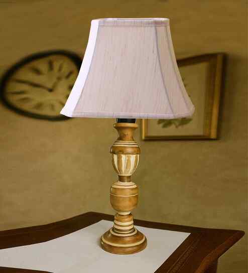 Off-White Cotton Vintage  Lamp With Wood Base 12X8X21