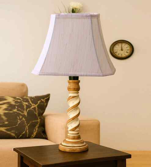 Off-White Cotton Vintage  Lamp With Wood Base 12X8X21