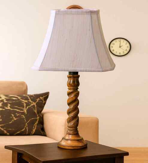 Off-White Cotton Vintage  Lamp With Wood Base 12X8X21