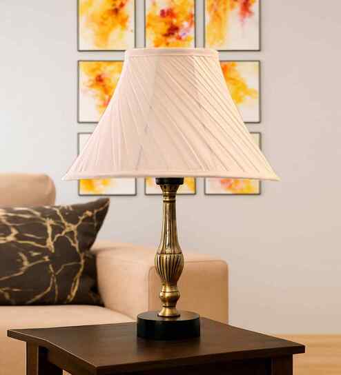 Off-White Cotton Vintage Cross Pleated   Lamp With Metal & Wood Base  12X16.5