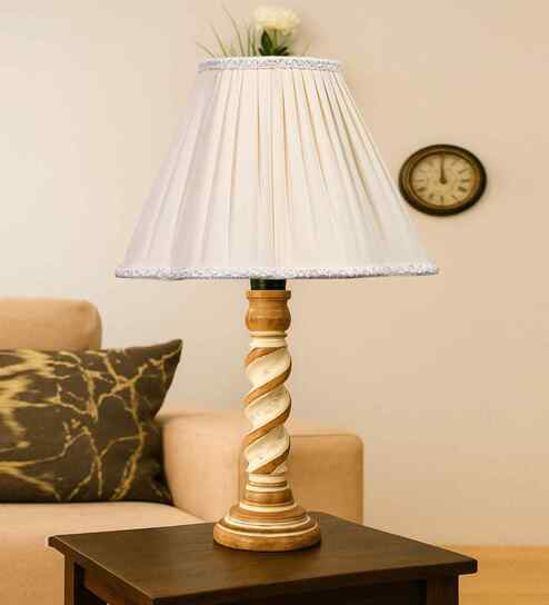 Off-White Cotton Vintage Cross Pleated   Lamp With Wood Base 12X19.75