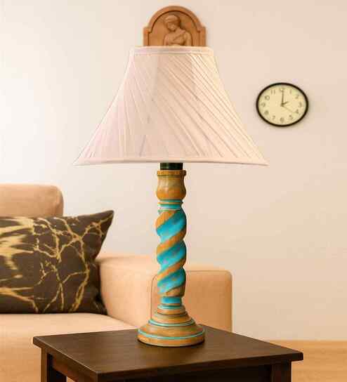 Off-White Cotton Vintage Cross Pleated   Lamp With Wood Base 12X19.75