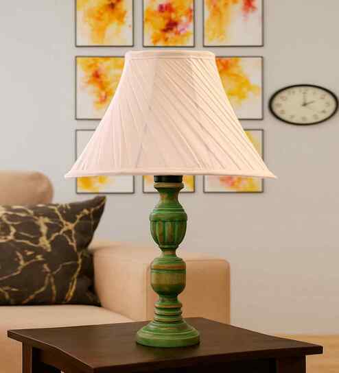 Off-White Cotton Vintage Cross Pleated   Lamp With Wood Base 12X19.75